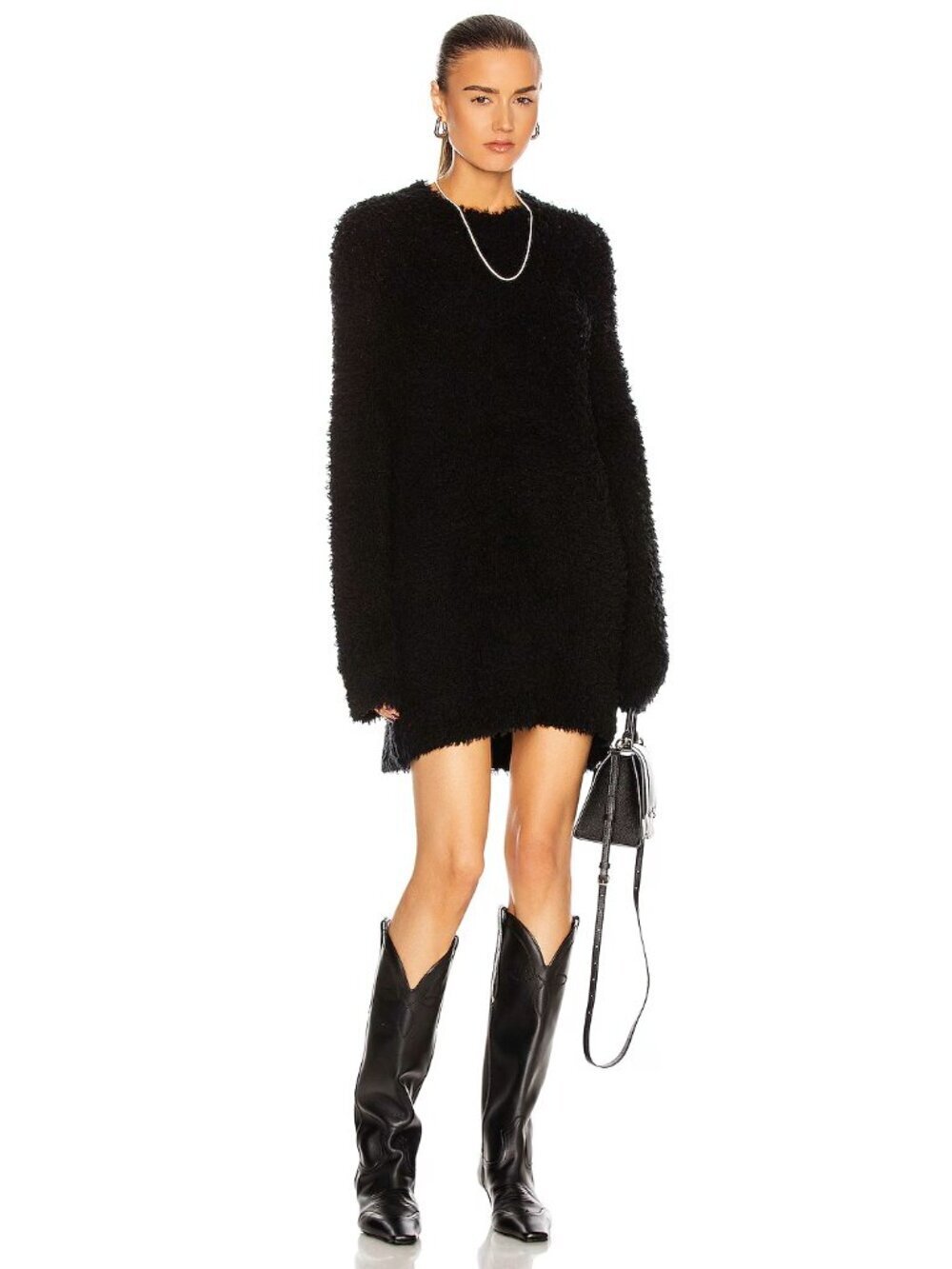 R13 Black Wool Blend Teddy Bear Crew Neck Oversized Sweater Dress, Size S